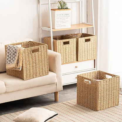 Foldable Storage Baskets with Handles Paper Rope Storage Baskets Rectangle Collapsible Hand Woven Storage Cubes Bins for Organizing Shelves Living Room Bedroom Pantry (4, 11'' x 11'' x 11'')