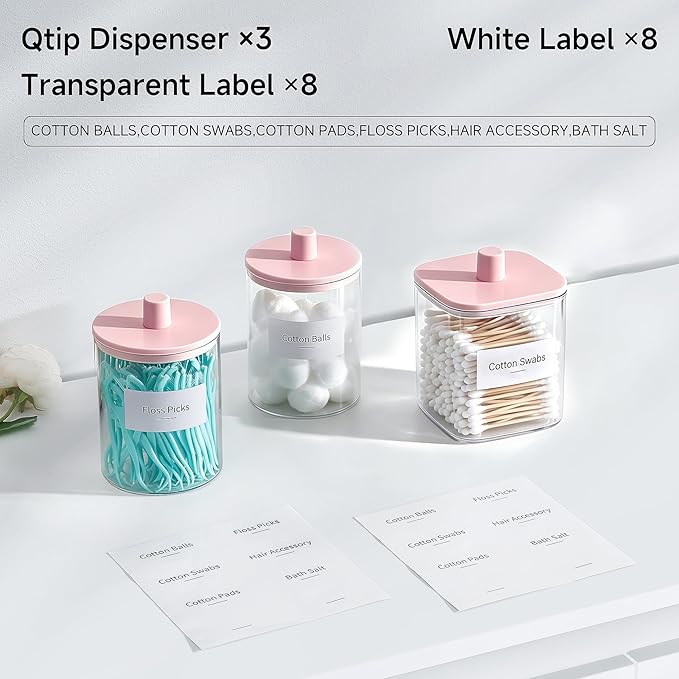 3 Pack Glass Qtip Holder Dispenser- 10 oz Clear Canister Apothecary Jar, Bathroom Vanity Storage Organizer Set for Cotton Swabs, Pads, Floss Picks, Small Containers for Makeup Storage (Pink)