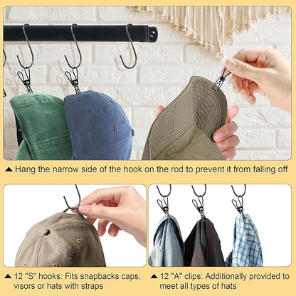 Hat Organizer Closet Organization Wall: 17 Inch Hat Holder with 12 Adjustable Stainless Steel Clips - Baseball Caps Organizer Fits All Caps - Tie Belt Hanger for Closet Storage Solution - 1 Pack