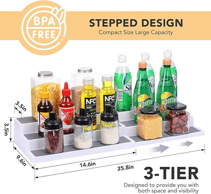 CiWiVOKi 3 Tier Expandable Spice Rack Organizer, White/Grey Plastic Spice Rack, Adjustable Length 14.6In-25.8In, 2 Pack Non-Skid Tiered Spice Shelf Organizer for Kitchen Cabinet, Cupboard, Pantry