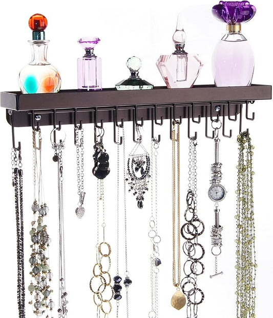 Angelynn's Heavy Duty Wall Mounted Long Necklace Hooks Holder Display Bracelet Organizer with Tray Shelf, Hanging Closet Jewelry Storage Rack, Schelon Rubbed Bronze 14 1/2" x2 1/2"