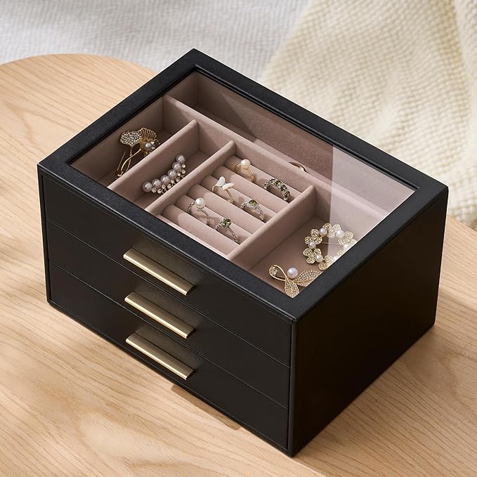 pickpiff Jewelry Box Organizer Case for Women: 3-Layer Jewelry Storage Case with Glass Window, Black Leather with Blush Velvet, Holder for Ring Necklace Bracelet Brooch Watch, Great Gift for Her