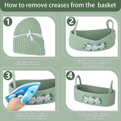 Vesici Magnolia Woven Storage Basket for Toilet Tank Top Boho Cotton Rope Bathroom Countertop Organizer Basket with Handle Green Bathroom Decor for Bedroom Nursery Toys Organizing, 13 x 6 x 4 Inch