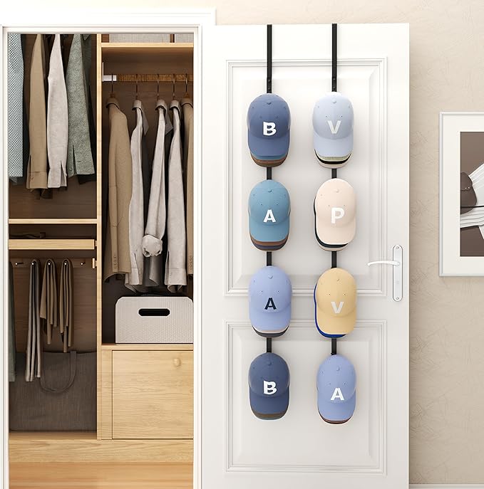 SWTYMIKI Over Door Hat Rack - 2 Packs Hat Organizer with 8 Hooks Design, Hanging Baseball Cap Organizer Storage Holds Up to 40 Caps for Door, Bedroom, Closet (Black)