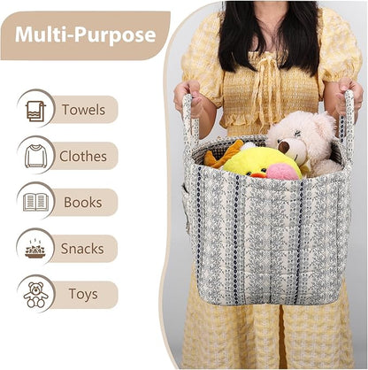 Storage Basket Boho Fabric Large Collapsible Floral Laundry Nursery Hamper Portable Folding Storage for Clothes Toys (Vine-Blue B)