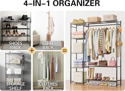 Wardrobe Closet,Portable Clothes Rack with 4 Tiers Shelves,Freestanding Closet Organizers and Storage System with Hanging Rods,Steel Clothing Rack Suitable for Cloakrooms,Bedrooms,Entrances,etc.Black