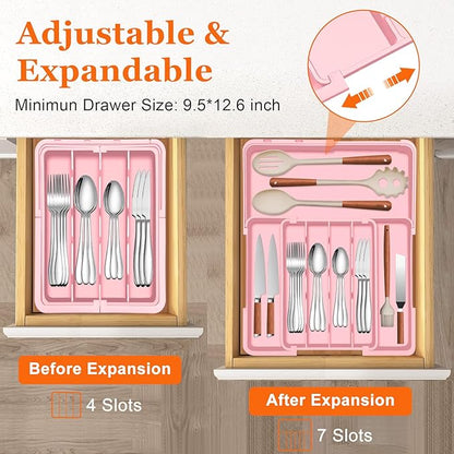 Spaclear Silverware Organizer - Expandable Silverware Drawer Organizer, Adjustable Drawer Organizer, Silverware Tray for Drawer 15.2"x 19" Utensil Drawer Organizer, Kitchen Organizers Storage, Pink