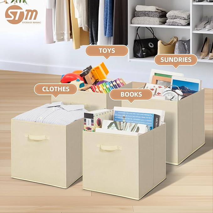 STORAGE MANIAC Storage Cubes, 13 Inch Collapsible Storage Bins with Handles, 8 Pack Fabric Foldable Bins for Organization, Durable Storage Bins for Closet, Shelves, Offices, Toys, 8-Pack Beige