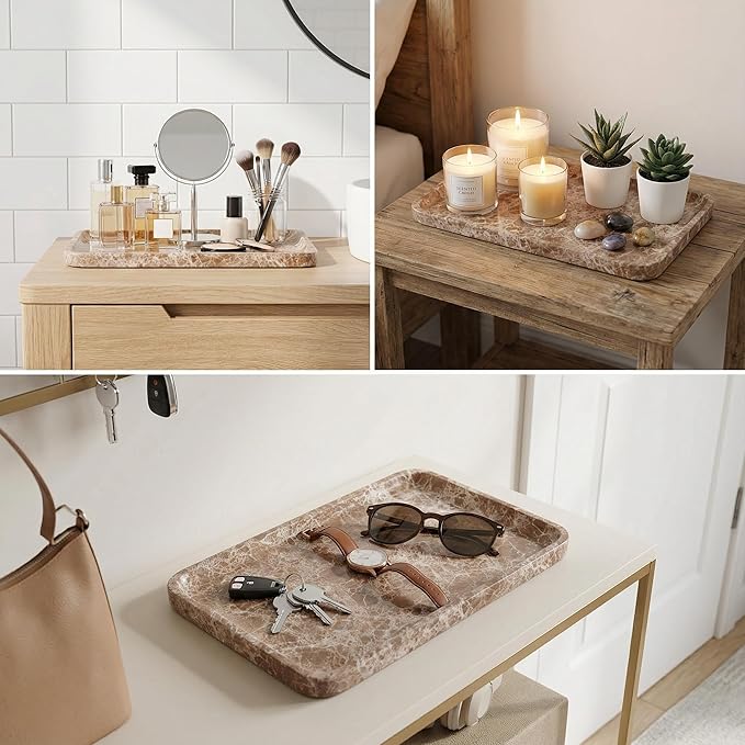 Light emperador Marble Vanity Tray for Bathroom Counter-12 X7 Decorative Tray for Perfume, Candles, Stone Jewelry Dish Tray