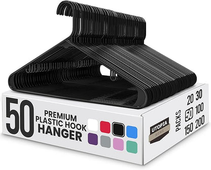 Utopia Home Plastic Hangers 50 Pack - Space Saving Clothes Hanger - Durable & Strong Closet Organizers and Storage with Built-in Strap Hooks - Essential for Shirts, Pants, Skirts & Coats (Black)