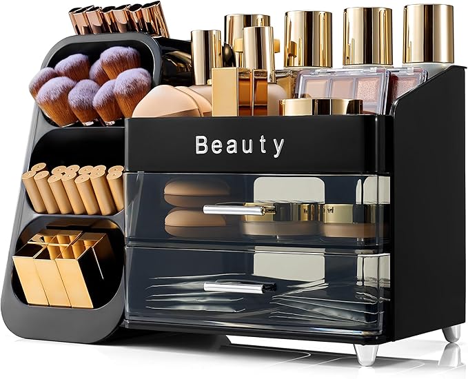 Makeup Organizer for Vanity with Brush Holder, Countertop Makeup organizer with Drawers for Skincare, Cosmetics, Perfumes, Eyeshadow Palettes, Spacious Cosmetic storage organizer
