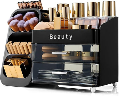 Makeup Organizer for Vanity with Brush Holder, Countertop Makeup organizer with Drawers for Skincare, Cosmetics, Perfumes, Eyeshadow Palettes, Spacious Cosmetic storage organizer