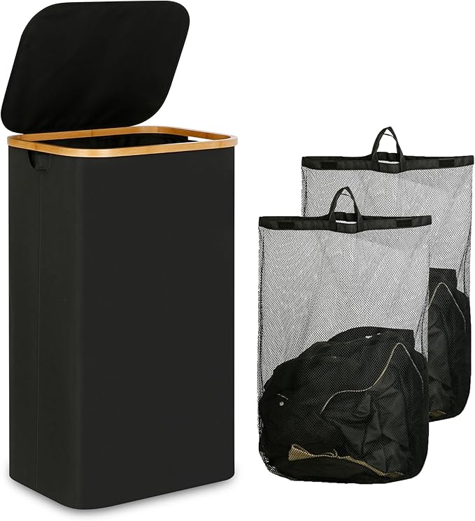 iEGrow Laundry Hamper with Lid, 110L Large Laundry Basket with Handle, Collapsible Clothes Basket Organizer with Removable 2 Inner Bag for Clothes Towels - Black