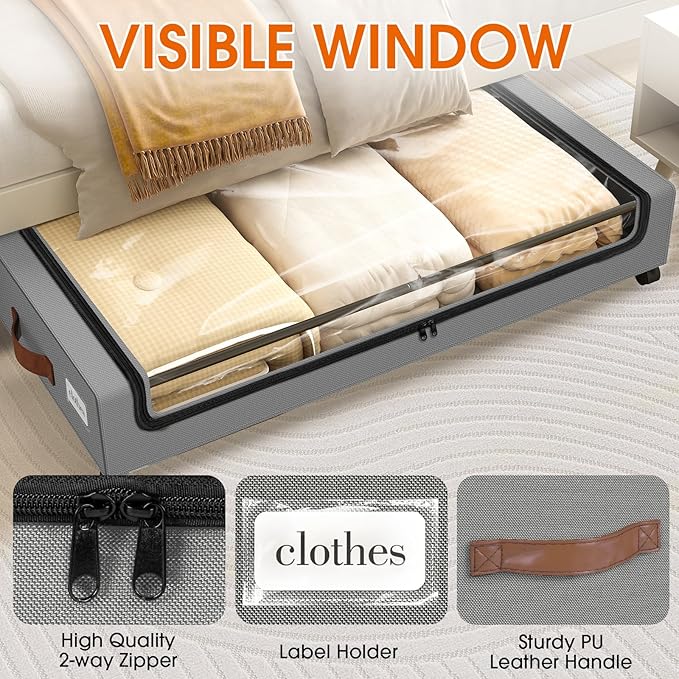 SpaceHacks Under Bed Storage with Wheels 3Pack Underbed Storage with Clear Window&Label Under Bed Drawers Large Capacity Rolling Under Bed Storage for Clothes,Shoes, Blankets (Light Grey)