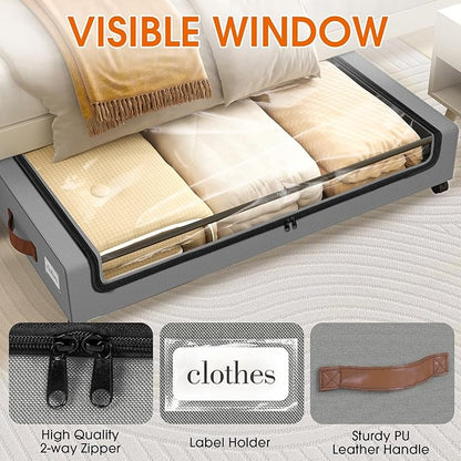 SpaceHacks Under Bed Storage with Wheels 3Pack Underbed Storage with Clear Window&Label Under Bed Drawers Large Capacity Rolling Under Bed Storage for Clothes,Shoes, Blankets (Light Grey)