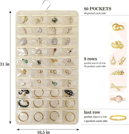 2 PACK(Total 160 Pockets) Hanging Jewelry Organizer with Hanger Metal Hooks Storage On Wall Door Closet Double-Sided(Each Side 40 Pockets) Jewelry Holder for Earrings, Necklaces, Rings (2 Pcs Beige)