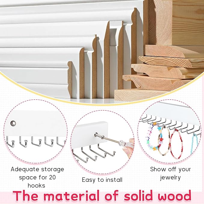 4 Pack Necklace Holder Wall Mount, Hanging Jewelry Organizer with 80 Hooks Total, Space Saving Wooden Necklace Holder for Wall, Necklace Organizer Hanger for Necklaces, Bracelets, Pendant