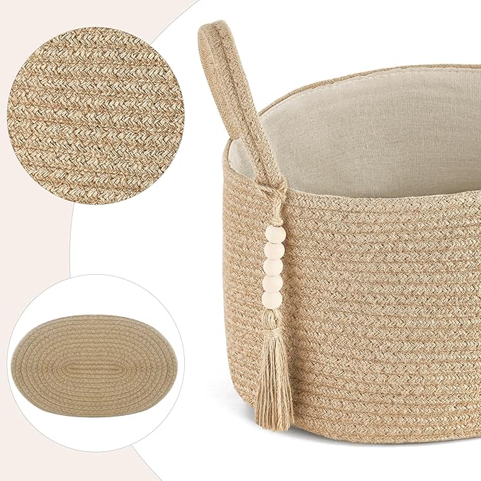Mkono Storage Basket for Toilet Paper Boho Bathroom Decor Woven Rope Towels Toiletries Tray Organizer with Handles for Shelf Countertop Bedroom Living Room, Jute, 13" L x 10" W x 9" H