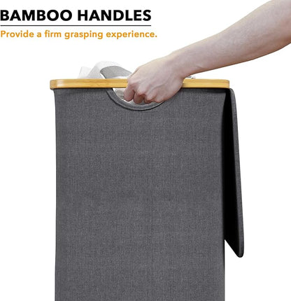 SpaceAid Laundry Hamper with Lid, 110L Large Tall Clothes Basket Bin with Bamboo Handles, Collapsible Laundry Hamper for Bedroom, Bathroom, Dorm, Laundry Room - Grey