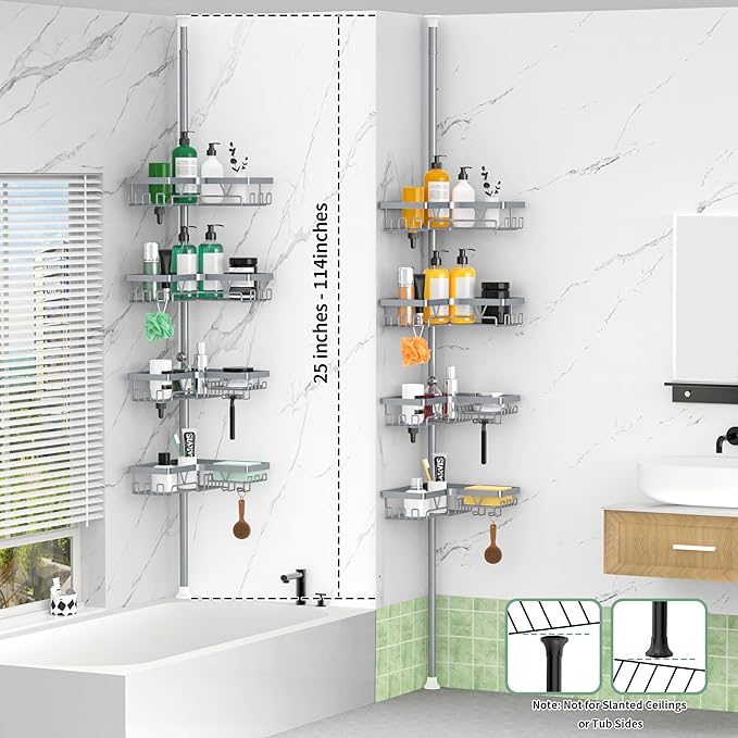 DAOYA Corner Shower Caddy Tension Pole, 4-Tier Rustproof Adjustable Bathroom Organizer for Renters, 25–114.2 Inch for Bathtub Shampoo Storage, Light Gray