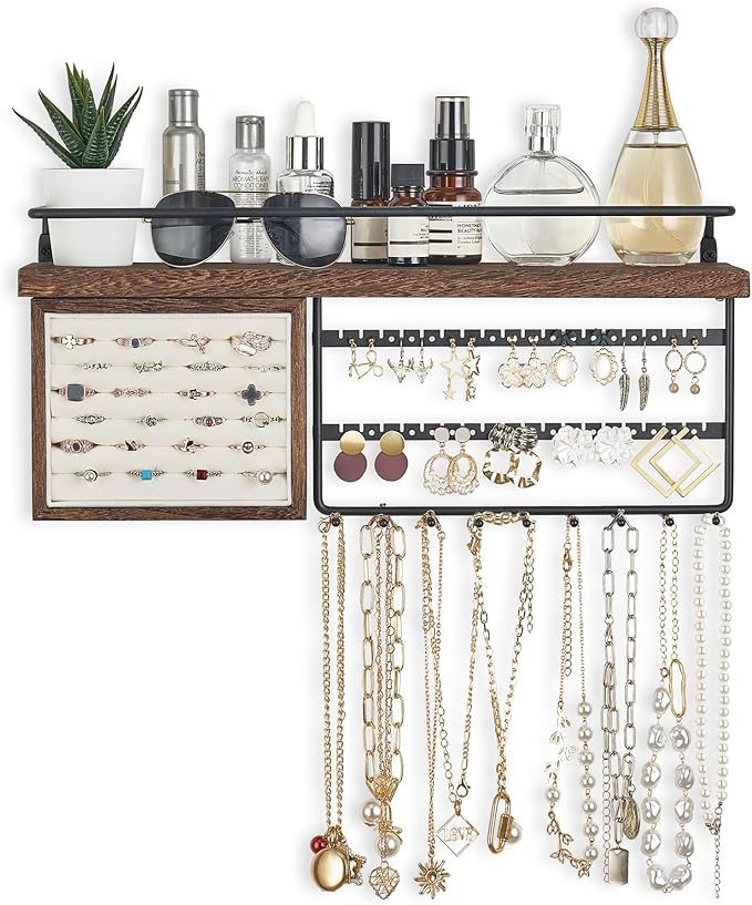 Mkono Hanging Jewelry Organizer Wall Mounted Jewelry Organizer Necklace Holder with Rustic Wood Shelf, Ring Display Box, Ear Studs Earring Holder Bracelet Organizer (Brown)