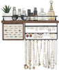 Mkono Hanging Jewelry Organizer Wall Mounted Jewelry Organizer Necklace Holder with Rustic Wood Shelf, Ring Display Box, Ear Studs Earring Holder Bracelet Organizer (Brown)