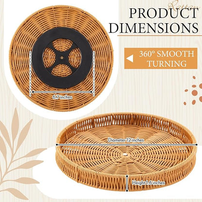 Reallnaive 12 Inch Lazy Susan Organizer, Rattan Round Turntable, Lazy Susan for Table Top, Wicker Tray Hand Woven, Wicker Plate Rotating Spice Rack for Kitchen Cabinet Countertop Storage Essential