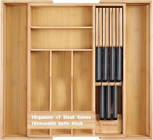 9-Piece Bamboo Kitchen Drawer Organizer Set, Expandable Silverware &Utensil Organizer with Removable Knife Block & Steak Knives, Flatware Organization, Tableware Dividers Storage(Natural)