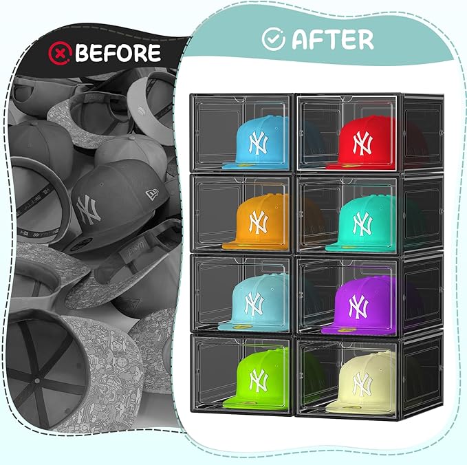 SCAVATA 6 Pack Hat Organizer Box, Stackable Clear Baseball Caps Holder Box Containers with Magnetic Door for Hats Snapback Cap Storag, Hat Rack Display Case, Holds 8 Hats Each (Black)