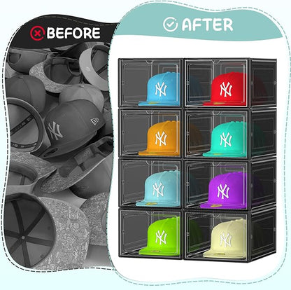 SCAVATA 6 Pack Hat Organizer Box, Stackable Clear Baseball Caps Holder Box Containers with Magnetic Door for Hats Snapback Cap Storag, Hat Rack Display Case, Holds 8 Hats Each (Black)