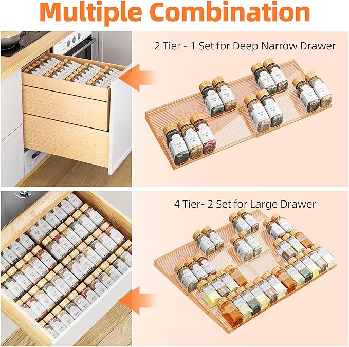 PanPanPal Spice Drawer Organizer, 2 Tier- 2 Pack Amber Acrylic Drawer Seasoning Organizer, Expandable From 11'' to 22'' Kitchen Spice Rack Organizers and Storage for Drawer (Jars not included)