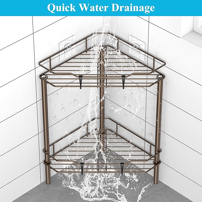 HuggieGems 2 Tier Floor Standing Corner Shower Caddy Organizer Shelf with Hooks, Bathroom Shelves Stand Rack, Bronze