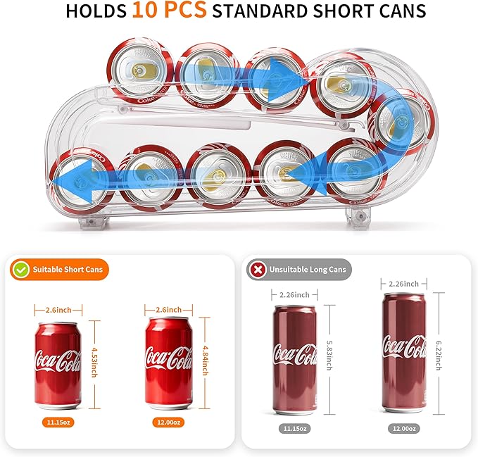 Soda Can Organizer for Refrigerator, Drink Organizer for Fridge, Automatic Rolling Can Dispenser Holder, Organize 10 Pcs Standard 11.15oz or 12oz Short Cans (1 Pack)