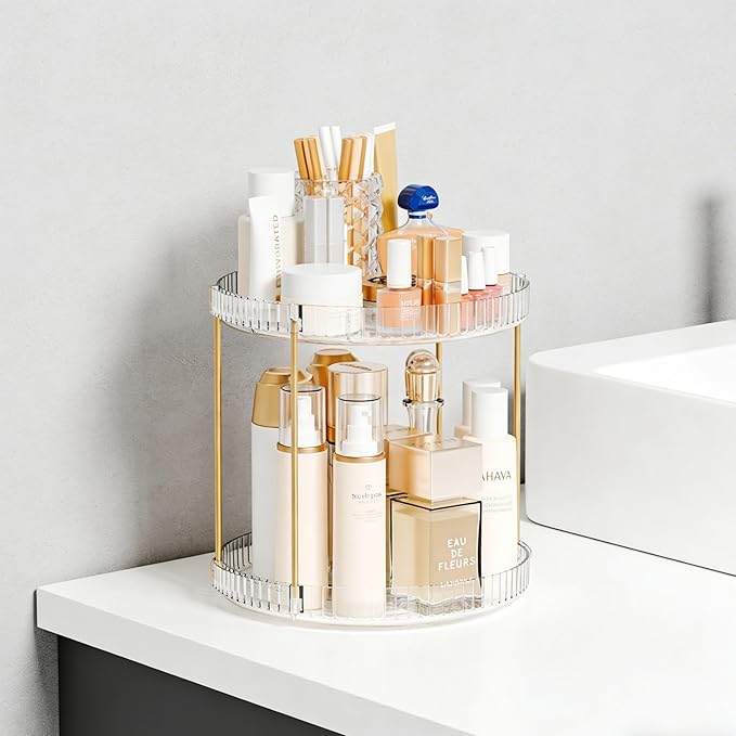 Yieach Acrylic 360 Rotating Makeup Organizer and Perfume Organizer,2 Tier Make Up Holder and Acrylic Skincare Organizers for Countertop,Vanity,Bathroom,Clear Spinning Beauty Organizer for Face Product