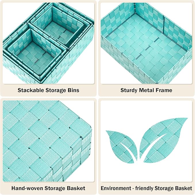 Woven Storage Baskets, Storage Bins, Cube Basket Container Baskets Storage Boxes Organizers for Clothes/Shelves/Closet, Set of 6 (Aqua)