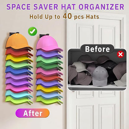 Hat Organizer for Baseball Caps, 2 Pack Hat Rack for Wall, Hold Up to 40 Hats, Space Saving Hat Hanger, Strong Adhesive Hat Storage Display Holder, Organizer Gifts for Closet Door and Wall, Black