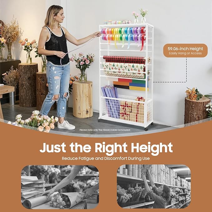 16-Tier Double-Sided Ribbon Holder Organizer Rack with Storage Basket & Wheels, Multifunctional Flower Wrapping Paper Display Stand for Craft Rooms, Flower Shops (White, 31.5''W x 12.6''D x 59.06''H)