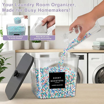 POLRAI Laundry Pod Containers and Dryer Sheet Holder and Laundry Detergent Dispenser Clear Laundry Room Organization and Storage with Wooden Lids Labels and spoon （2+1+1 Pack）
