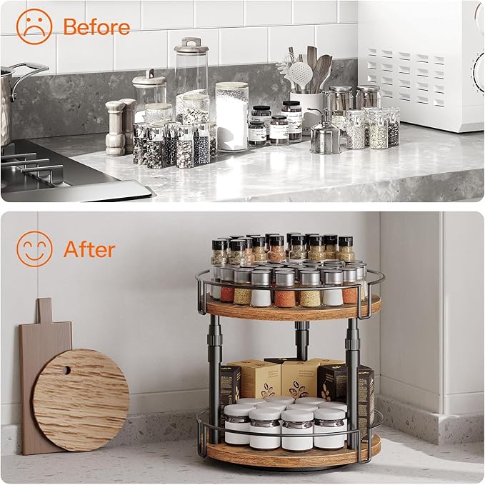 HOOBRO Lazy Susan Organizer Spice Rack, 2-Tier Height Adjustable Rotating Spice Organizer, for Kitchen Countertop and Cabinet, Rustic Brown BF05TL01