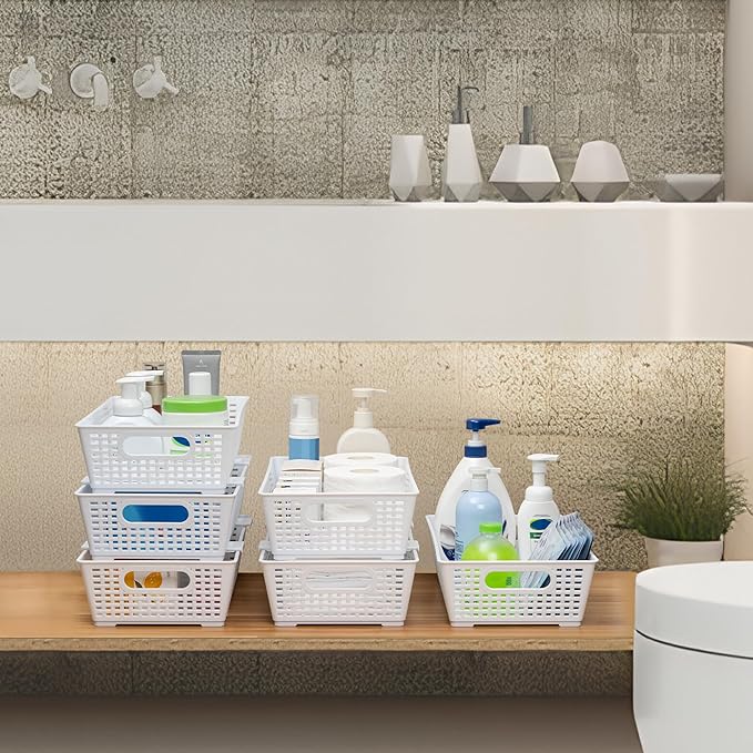 Tiawudi Stackable Woven Plastic Basket, Storage Bins for Cabinet, Closet, Shelf, Under Sink and Countertop, Pantry Organizer Bins, 6 Pack