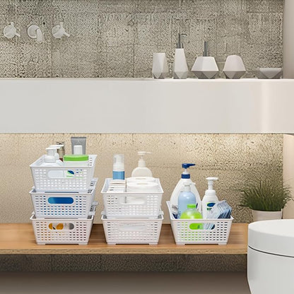 Tiawudi Stackable Woven Plastic Basket, Storage Bins for Cabinet, Closet, Shelf, Under Sink and Countertop, Pantry Organizer Bins, 6 Pack