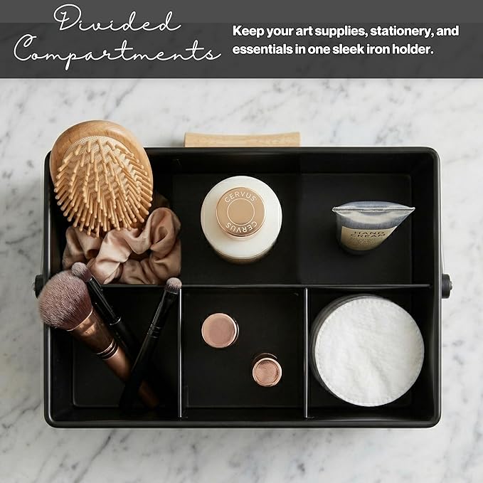 Alpha Living Home Heavy Duty Metal Alloy Utensil Silverware Caddy - 4 Compartment Flatware Organizer with Handle - Farmhouse Rustic Kitchen Storage for Countertop, Tabletop, Picnics & Parties (Black)