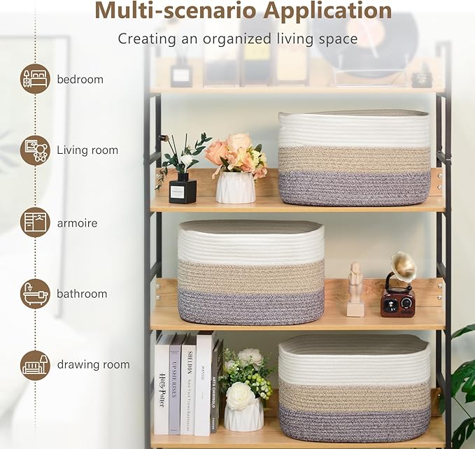 ECDYQXVU Cotton Rope Storage Basket, 15x10x9 Inches, Woven Basket for Shelves, Clothes, Towels, Books, and Laundry, White Brown (1 Pack)