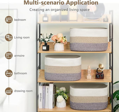 ECDYQXVU Cotton Rope Storage Basket, 15x10x9 Inches, Woven Basket for Shelves, Clothes, Towels, Books, and Laundry, White Brown (1 Pack)