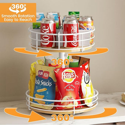 Snack Organizer with Adjustable Height and 360°Rotation, 2 Tier Lazy Susan Snack Storage Holder for Countertop Office Home Breakroom, White