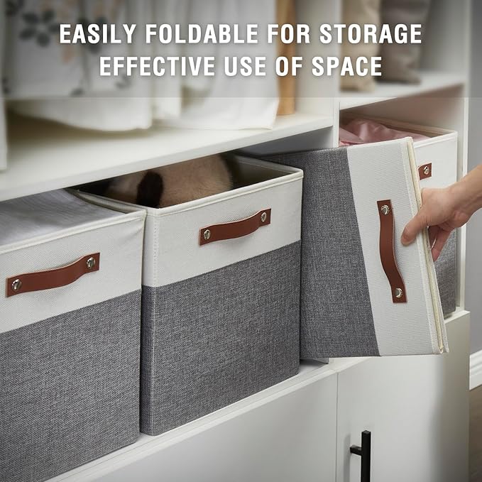 Bagnizer Collapsible Fabric Storage Cube Bins with 2 Reinforced PU Handles, Foldable Storage Organizer Baskets for Closet, Shelves, Living Room | 13"x13"x13", 4 Pack, Gray & White