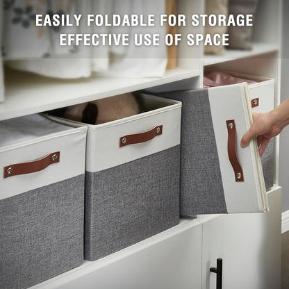 Bagnizer Collapsible Fabric Storage Cube Bins with 2 Reinforced PU Handles, Foldable Storage Organizer Baskets for Closet, Shelves, Living Room | 13"x13"x13", 4 Pack, Gray & White