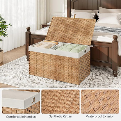HOOBRO Storage Basket with Lid, 42.3 Gallon (160L) Wicker Basket, Handwoven Blanket Storage Basket with Handles, Metal Frame and Soft Lining, Foldable for Bedroom, Laundry Room, Natural NL216CW01