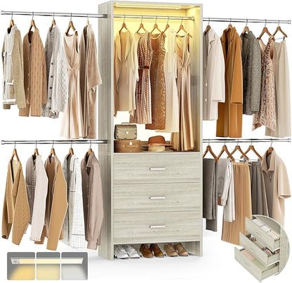 Aheaplus Closet System with Motion-Sensing Light, 3 Wooden Drawers and 4 Hanging Rods, Customizable Walk-in Closet Organizer with 3CCT LED, Heavy Duty Garment Rack for Bedroom, White Oak
