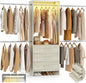 Aheaplus Closet System with Motion-Sensing Light, 3 Wooden Drawers and 4 Hanging Rods, Customizable Walk-in Closet Organizer with 3CCT LED, Heavy Duty Garment Rack for Bedroom, White Oak